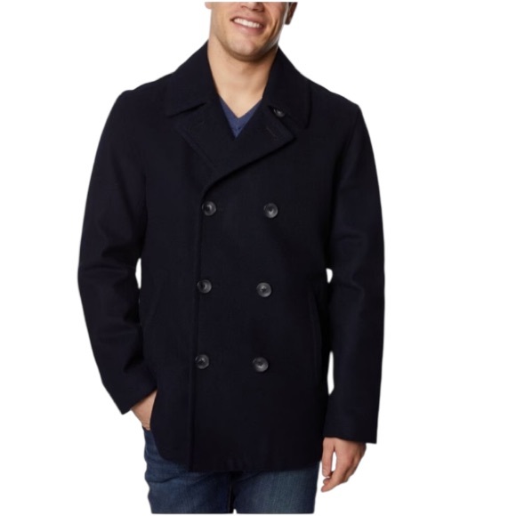 Nautica Men's ClassicDouble Breasted Wool Blend Black Pea Coat Size Small